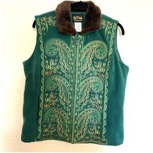Bob Mackie Vest Women's size Medium  Vintage Green Fleece Embroidered Zip Collar